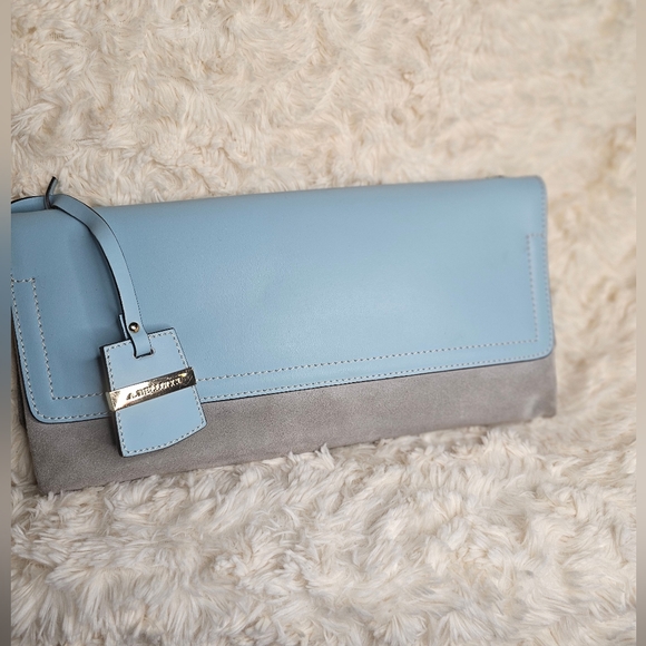 A. Bellucci Blue and Gray Clutch with Gold Chain Strap - Picture 3 of 11